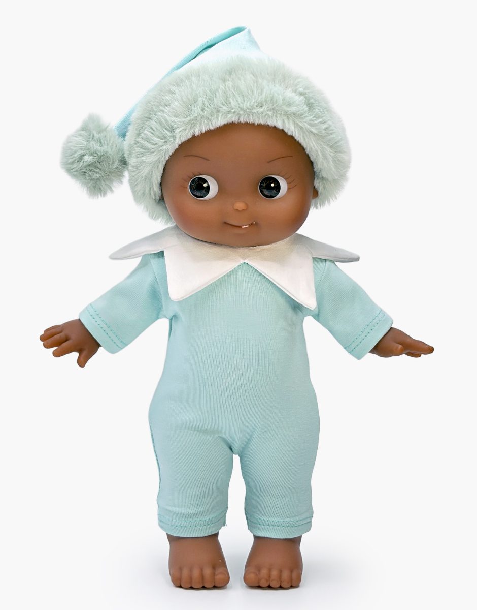 Arsène Mini Pancha doll in mint elf outfit with pompom hat by Minikane