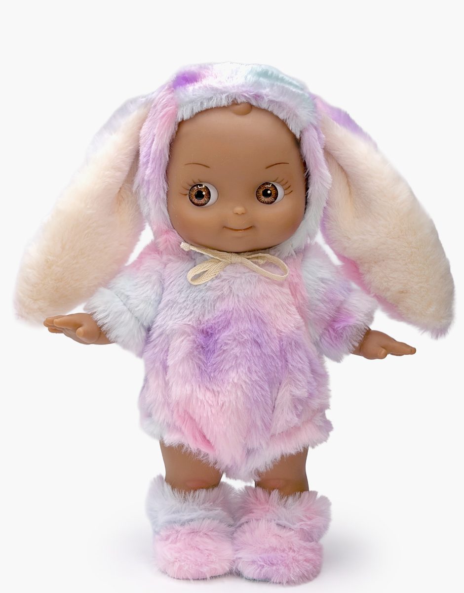 Noah Mini Pancha doll in lilac rainbow faux fur bunny outfit by Minikane