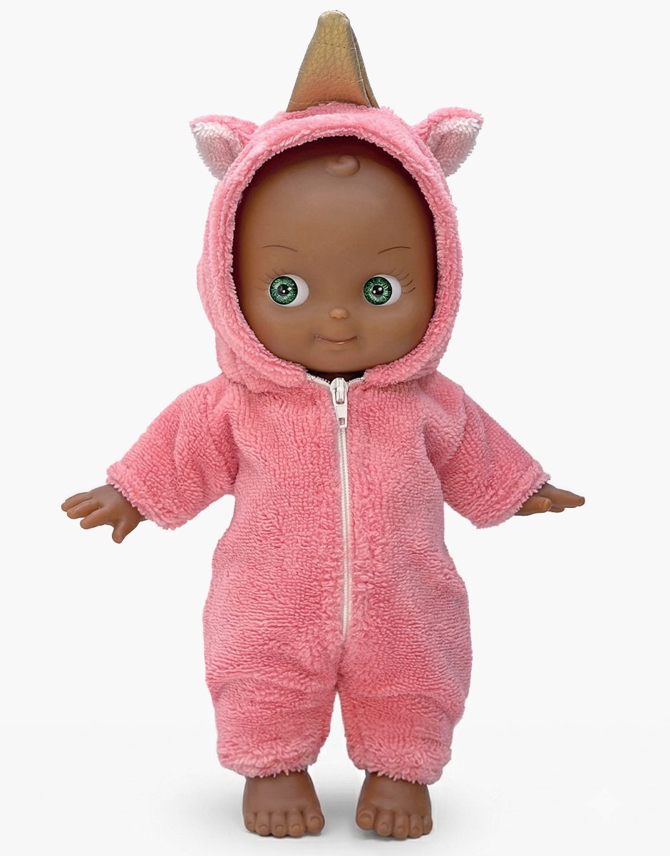Prunelle Mini Pancha doll in pink unicorn jumpsuit by Minikane