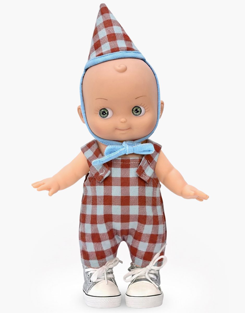 Zébulon Mini Pancha doll in frost blue gingham party set styled with sneakers by Minikane