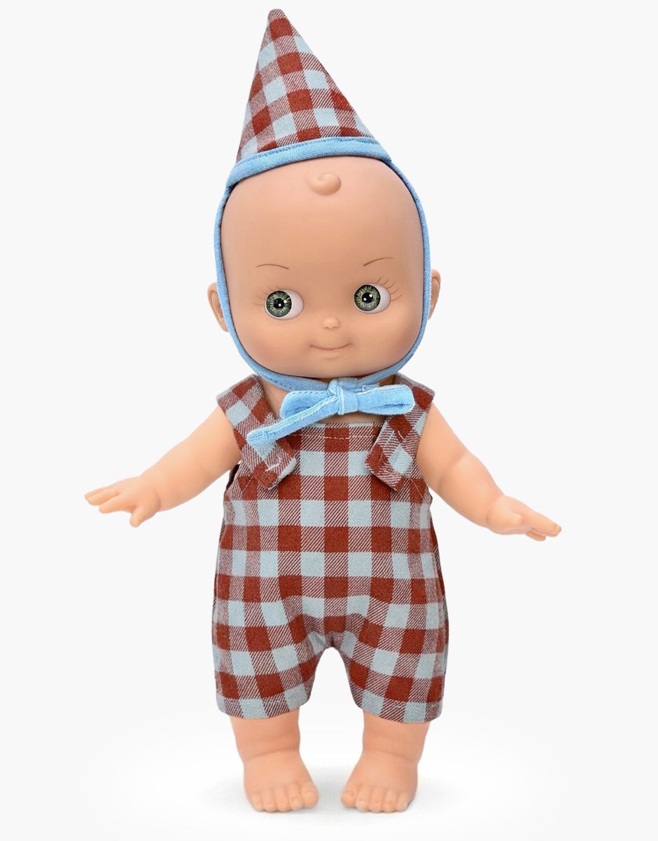 Zébulon Mini Pancha doll in frost blue gingham party overalls and pointed hat by Minikane