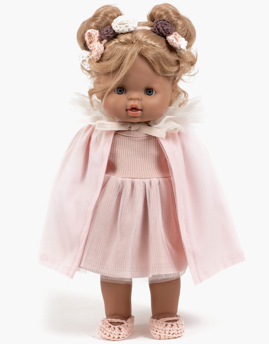 Minikane Gordis doll wearing the Oxana dancer cape in pale pink jersey and ecru tulle