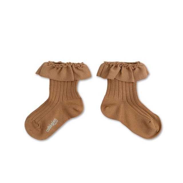 Collégien Ludivine Ribbed Ankle Socks with Jersey Ruffle – Mocha Mousse