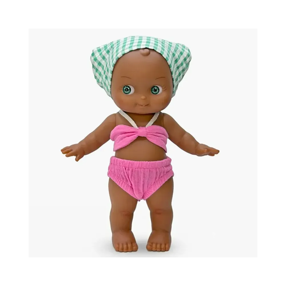 Prunelle Mini Pancha doll in pink and green gingham beach set by Minikane