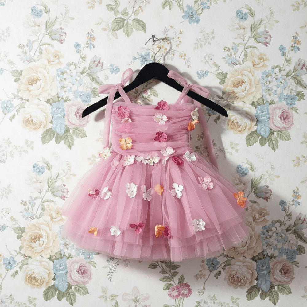 DOLLY by Le Petit Tom Potpourri Tulle Ballerina Dress in Mauve — full tulle ballerina dress with 3D flower embellishments for girls, hanging on hanger