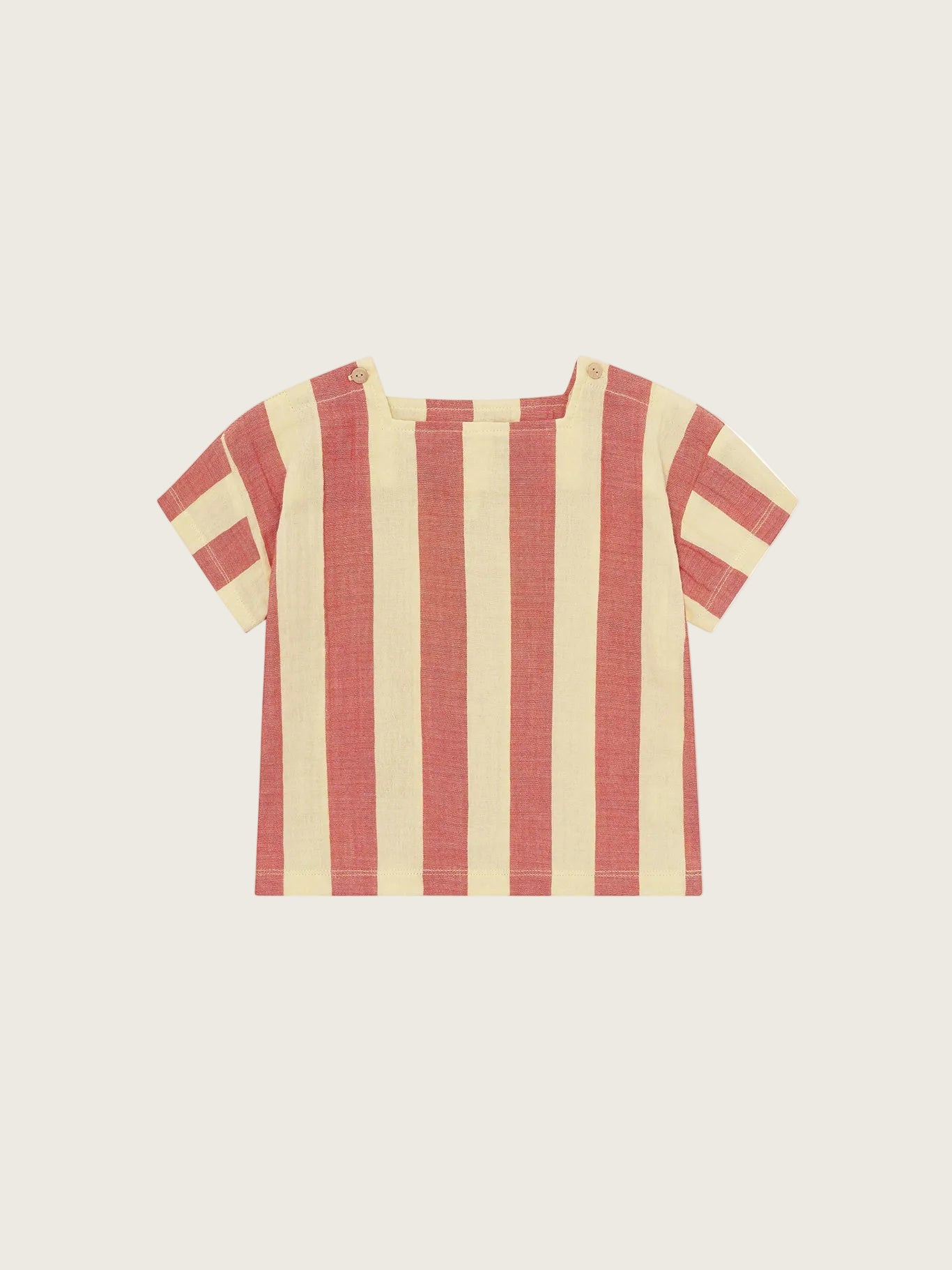 Organic Zoo Tomato Stripes Square Neck T-Shirt — soft organic muslin, boxy fit with square neck and button detail. Bold stripes for summer. Shop at littlewild kids.