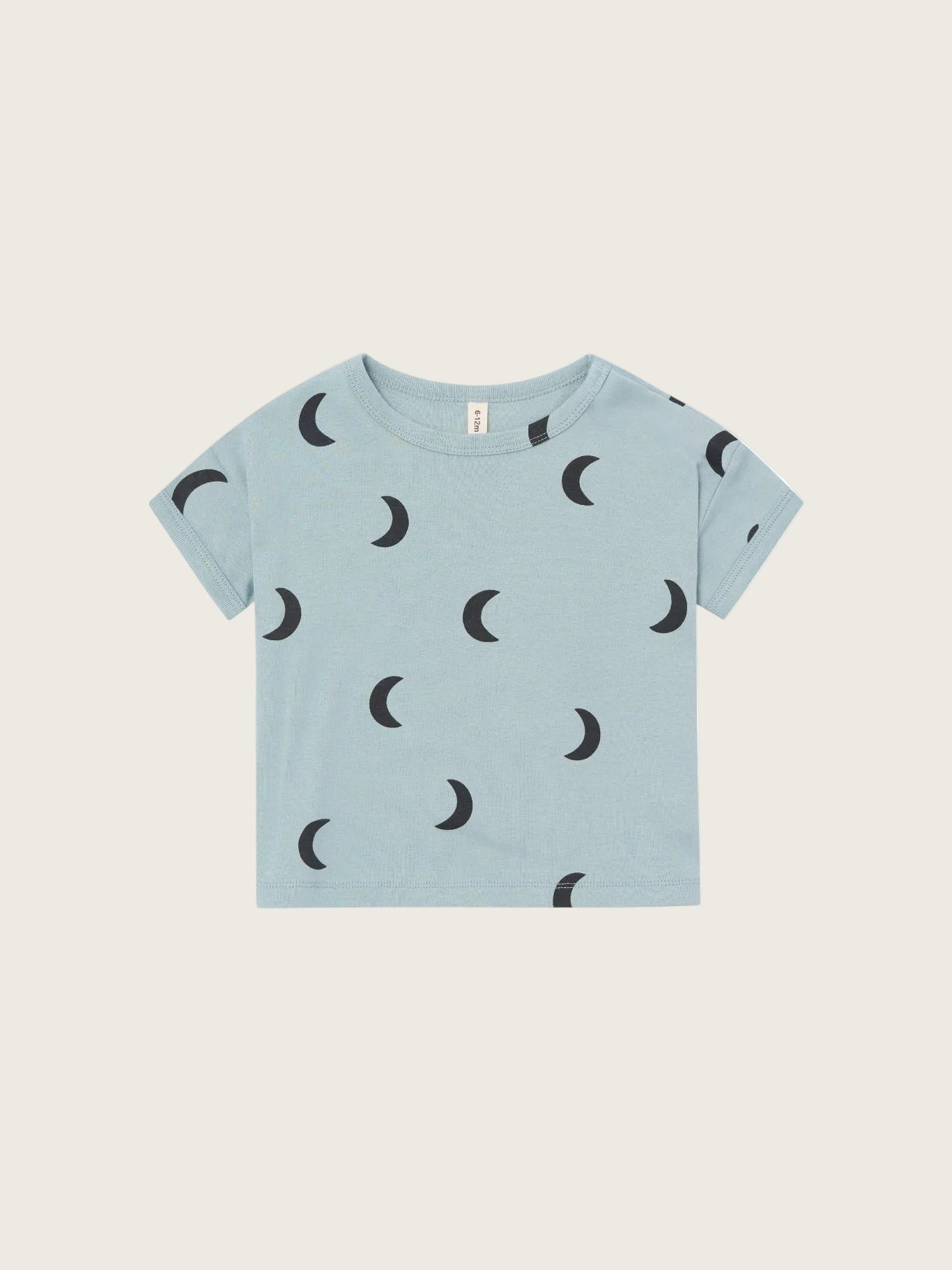Organic Zoo River Midnight Boxy T-Shirt — relaxed boxy organic cotton kids tee with dreamy blue moon print, flat lay on cream background