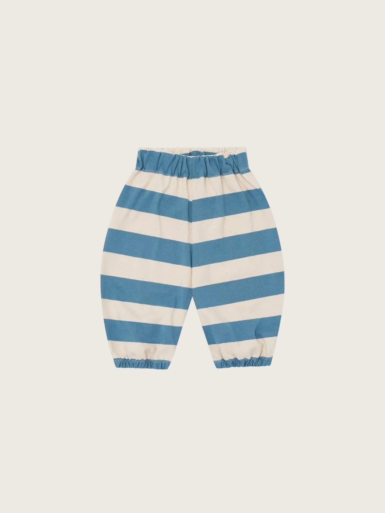 
Organic Zoo Deck Chair Stripes Pants — blue and cream stripe organic cotton kids trousers with elastic waistband, flat lay on cream background