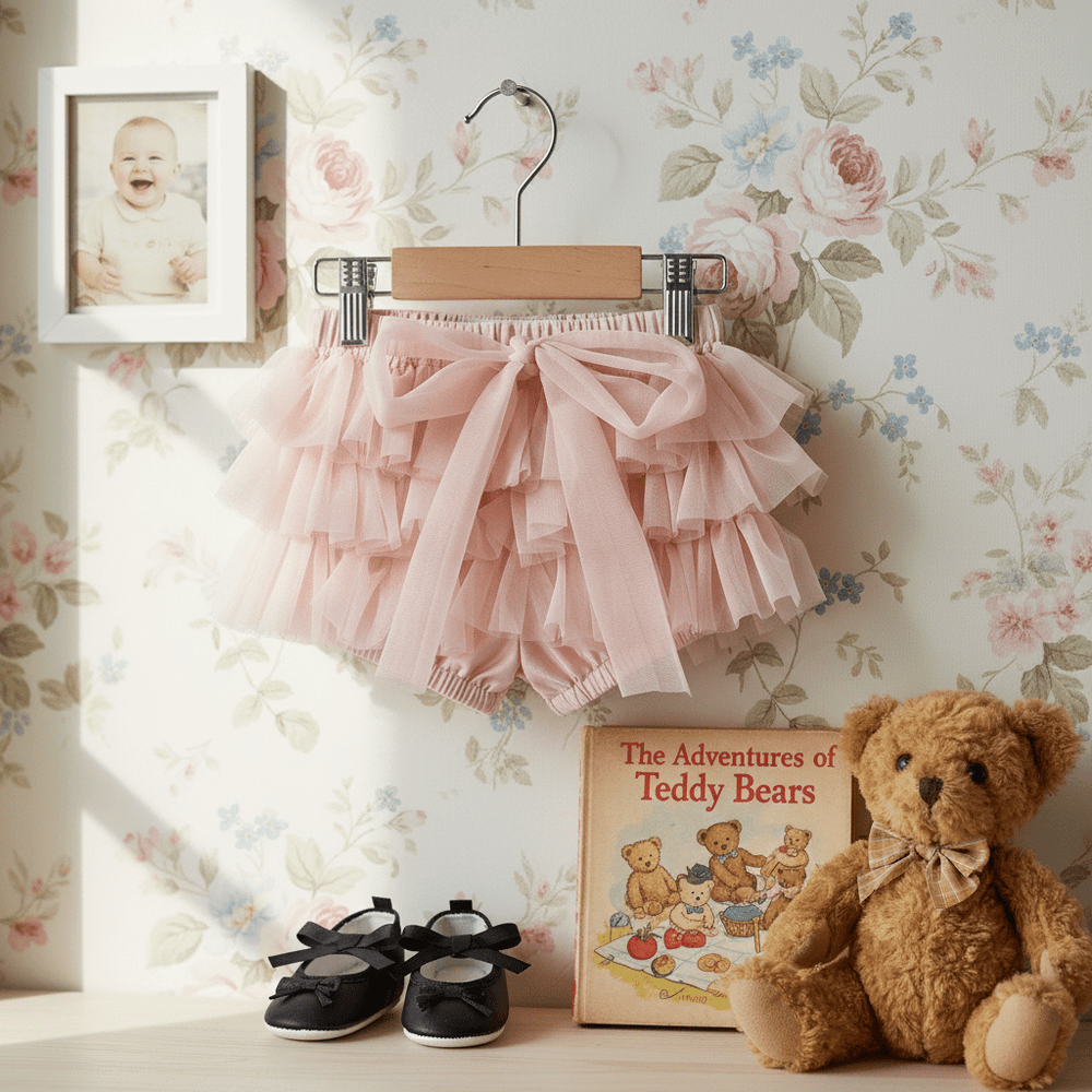 DOLLY by Le Petit Tom Frilly Pants Tutu Baby Bloomer in Ballet Pink — soft chiffon ballet pink ruffle bloomer for girls, hanging on hanger