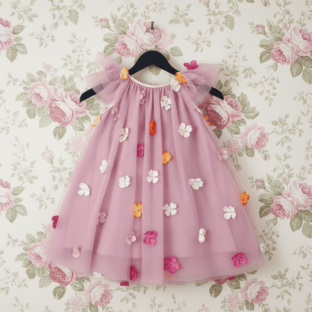 DOLLY by Le Petit Tom Potpourri Fairy Tutu Dress in Mauve — soft mauve tulle fairy dress with 3D floral embellishments for girls, hanging on hanger
