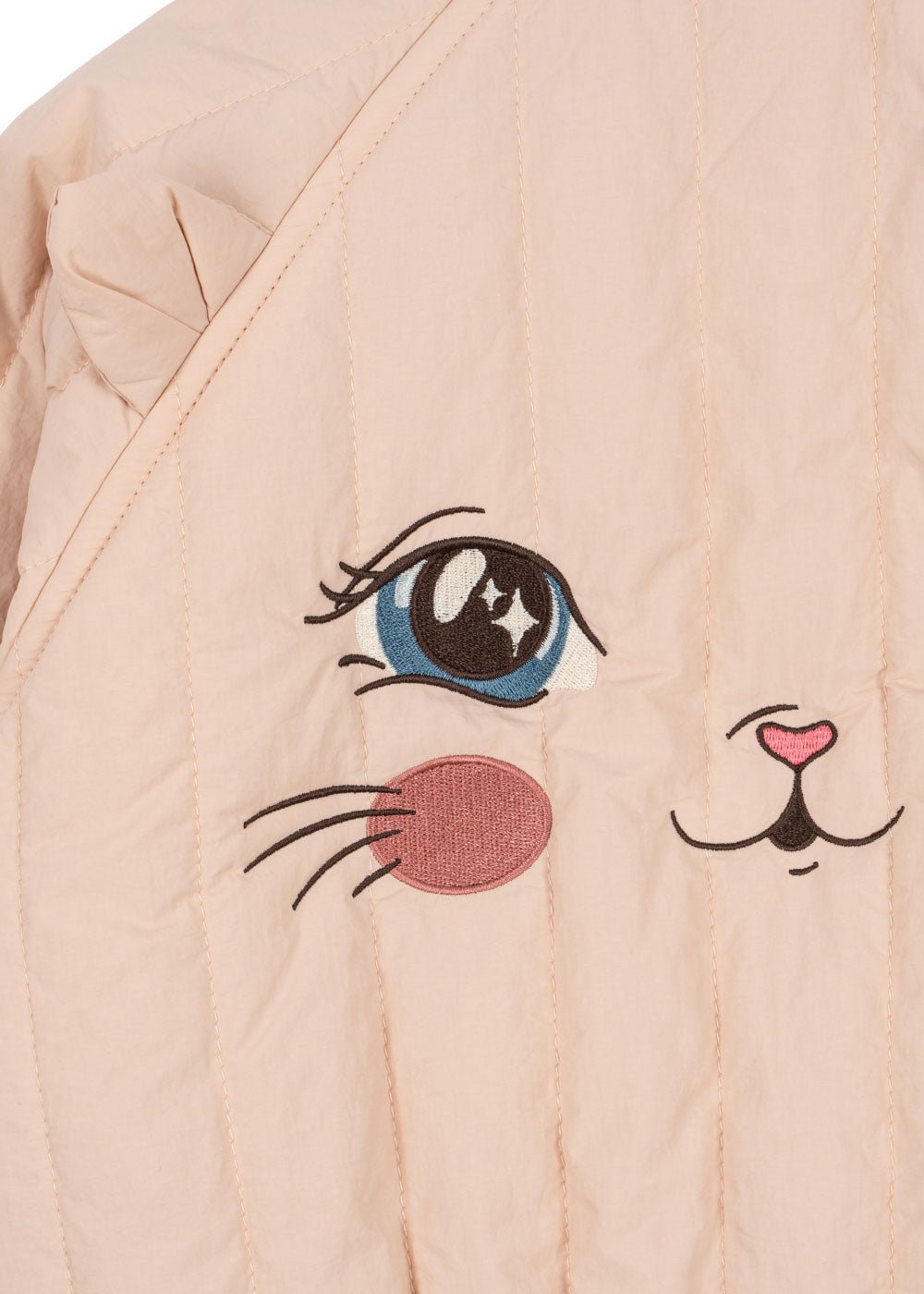 Close-up detail of kitty embroidery on Konges Sløjd Juno Kitty bomber jacket in Cameo Rose