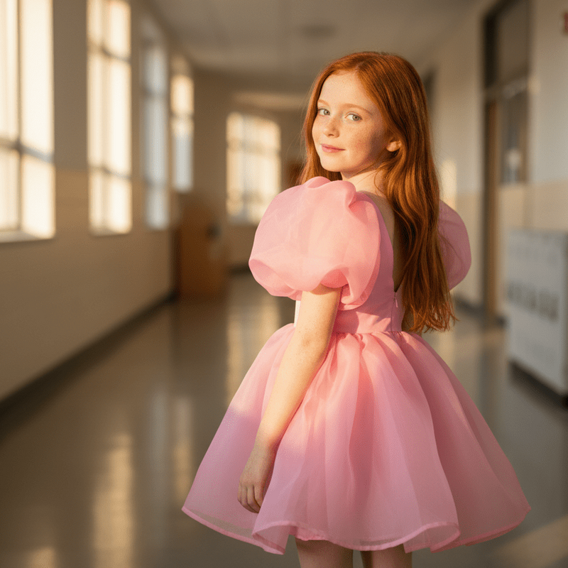 DOLLY by Le Petit Tom V-Back Puff Sleeve Organza Tutu Dress - Donut Pink for Girls – Dolly by Le Petit Tom (image 4)