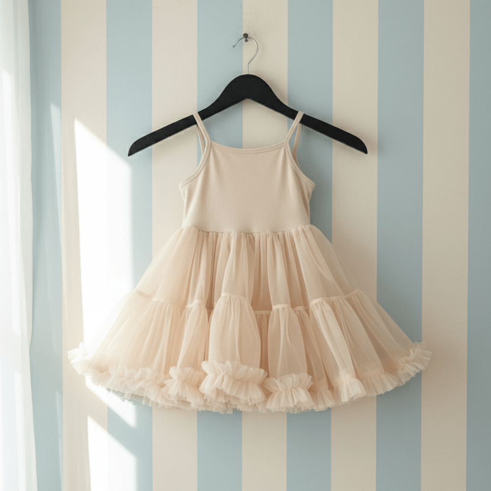DOLLY by Le Petit Tom Petti Spaghetti Pettiskirt Tutu Dress in Cream — spaghetti strap chiffon tutu dress with full ruffled skirt for girls, hanging on hanger