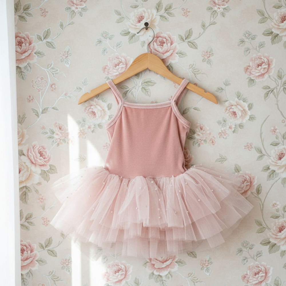 DOLLY by Le Petit Tom Velvet Leotard Romper with Pearl Tulle in DollyPink — pink velvet ballet tutu dress with pearl tulle skirt for girls